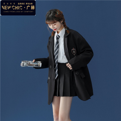 广赫西装套装女韩版宽松气质衬衫休闲jk制服外套春季西服百褶裙三件套套装