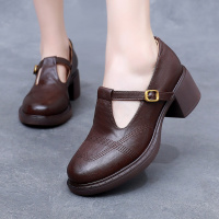真皮复古风鞋女秋季新款粗跟中跟软底小皮鞋一字扣带四季单鞋