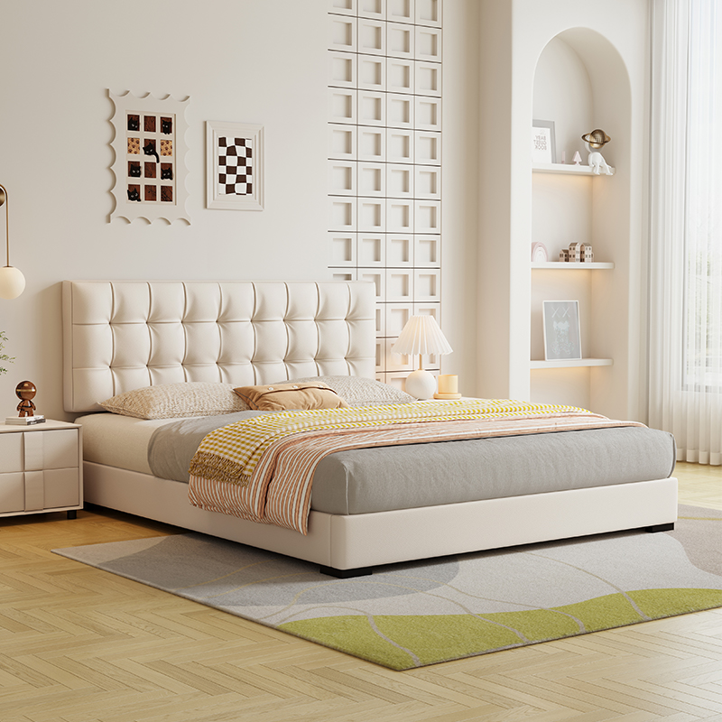 意式真皮床轻奢现代简约双人床奶油风主卧婚床家用软包实木储物床