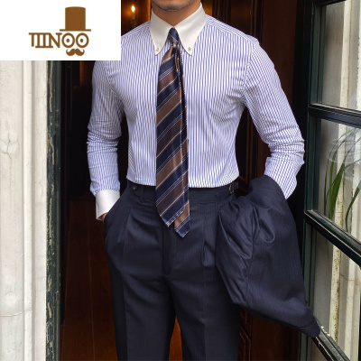 YANXU韩版通勤百搭条纹长袖衬衫男日系绅装拼色领修身绅装衬衣