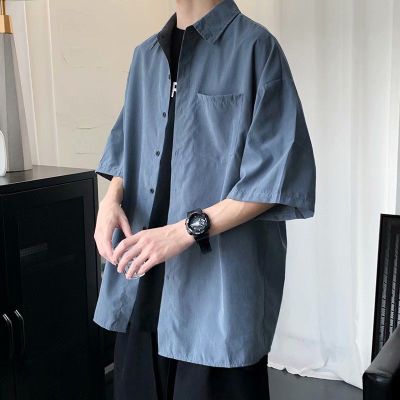 五分袖衬衫男港风日系复古夏季短袖上衣韩版宽松潮流ins百搭衬衣青戈
