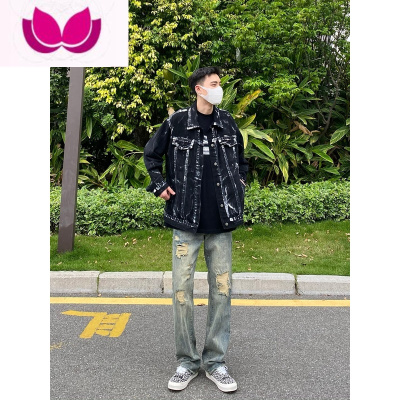 七斓美式高街复古水洗做旧街头破洞牛仔裤男潮牌直筒宽松百搭痞帅长裤