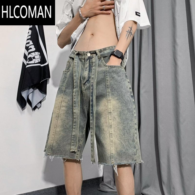 HLCOMAN高街水洗毛边牛仔短裤男夏季美式复古痞帅裤子潮牌宽松阔腿五分裤