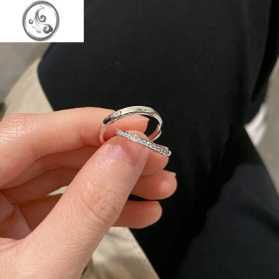 JiMiS999银银排钻情侣款对戒小众设计感素圈戒指一对情人节礼物送女友