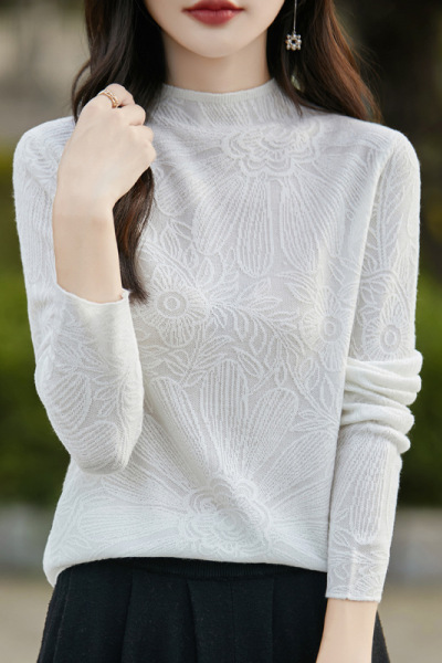 24秋季新款女士羊毛针织衫毛衣女半高领打底衫女花韩版