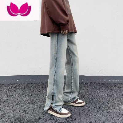 七斓美式黄泥水洗牛仔裤男高街复古侧边拉链长裤潮流百搭休闲裤子