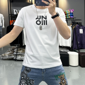 简约字母时尚短袖T恤男士圆领半袖上衣丝光棉夏季新款欧洲站潮ins