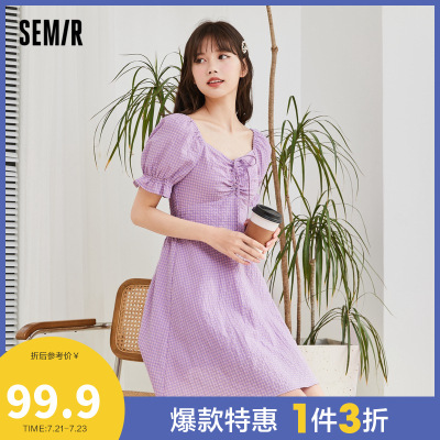2件3折价：110-Semir森马短袖小心机2021年夏季新款蝴蝶结抽褶格子温柔连衣裙女