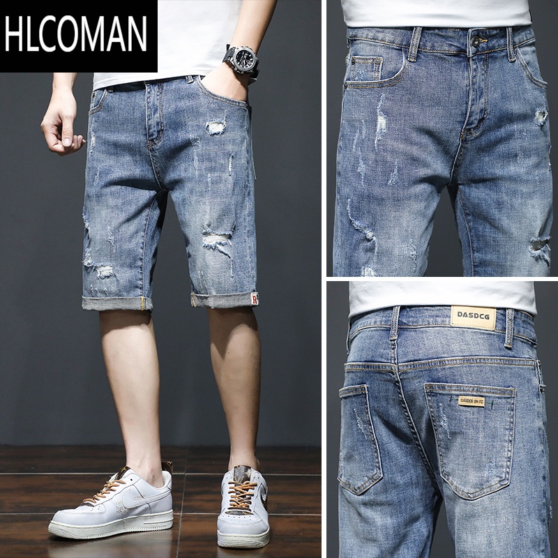 HLCOMAN男士牛仔短裤夏季薄款宽松潮牌五分中裤韩版潮流破洞弹力5分马裤