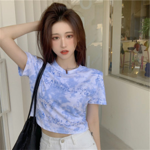 字母扎染短款女式上衣短袖T恤女ins潮夏季休闲打底衫女装