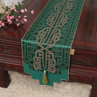 新中式古典玉桌旗茶几长条布艺中国风桌布床柜旗电视柜盖布 如意纹绿 34*300适合桌长240-250CM