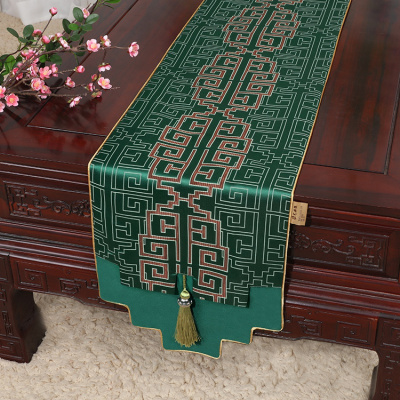 新中式古典玉桌旗茶几长条布艺中国风桌布床柜旗电视柜盖布 如意纹绿 34*300适合桌长240-250CM