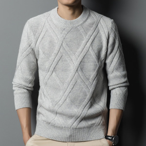 秋冬季新款加厚羊毛衫男圆领粗针提花保暖毛衣男士打底针织衫