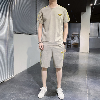 珂卡慕(KEKAMU)短袖恤男套装2020新款韩版潮流宽松百搭帅气搭配一套短裤男圆领卡其M