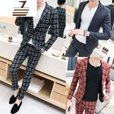 NEWLAKE格子西服套装男英伦风韩版帅气小西装修身一套型师休闲外套潮流