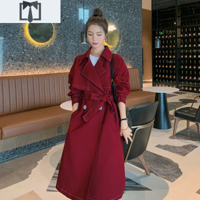 SUNTEK酒红色风衣女中长款2021春秋新款韩版小个子宽松显瘦气质流行外套风衣