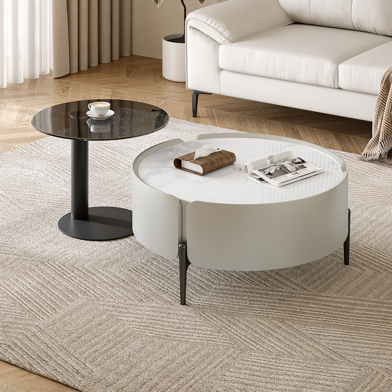 全友家居现代极简客厅钢化玻璃高低错落小户型高茶几矮茶几圆形茶几家具