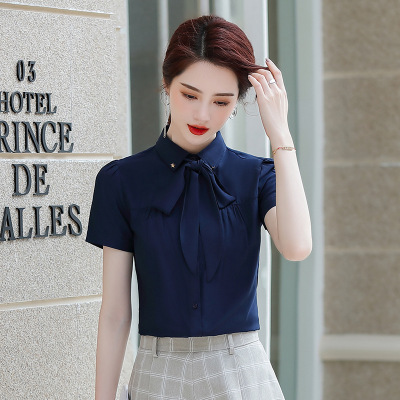 女先生女士衬衫蓝色衬衫女夏季薄款2020设计感小众轻熟蝴蝶结衬衣职业装短袖上衣工作服青春减龄校园风短袖上衣