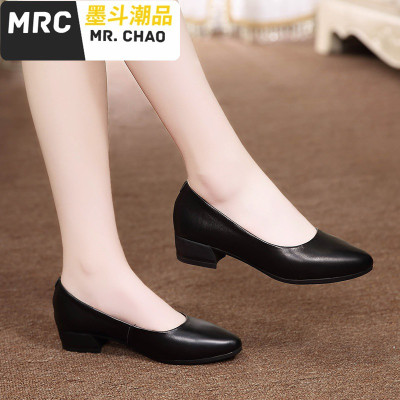久站空姐工作鞋女全牛皮鞋软底平底职业上班肯德基黑色单鞋女中跟墨斗潮品休闲鞋