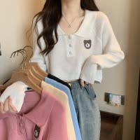 刺绣小熊polo领长袖针织衫女秋季设计感小众毛衣宽松显瘦短款上衣