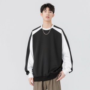 圆领卫衣男装秋冬季新款韩版潮牌拼色宽松落肩款学生百搭上衣