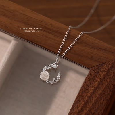 气质仙女风花环项链女s925纯银幻彩玫瑰花月牙锁骨链百搭首饰代发送女朋友老婆情人节七夕生日礼物