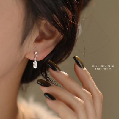 水滴锆石耳坠女s925纯银小众设计感拉丝轻奢耳钉百搭时尚耳饰代发送女朋友老婆情人节七夕生日礼物