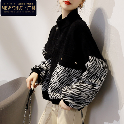 广赫羔绒外套女短款2020年新款秋冬季加厚百搭豹纹仿貂绒开衫上衣潮夹克