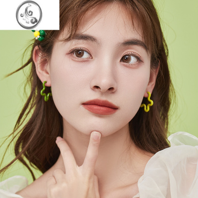 JiMi耳饰可爱绿色花朵耳钉不对称少女设计感气质耳环高级春夏耳夹
