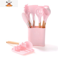 不粘锅专用硅胶厨具十二件套装家用烹饪汤勺子可高温木柄硅胶锅铲 敬平 粉色