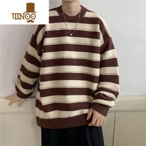YANXU美式复古咖色条纹毛衣男秋季日系复古慵懒风感情侣针织衫外套