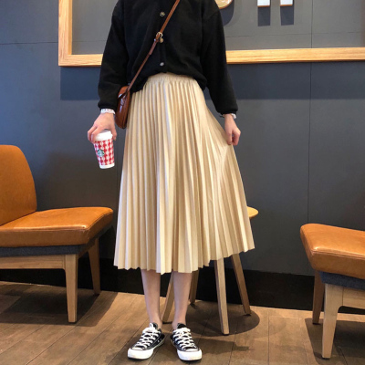 娜瑟薇2021春季女装简约纯色中长款百褶裙韩版高腰显瘦A字裙学生半身裙