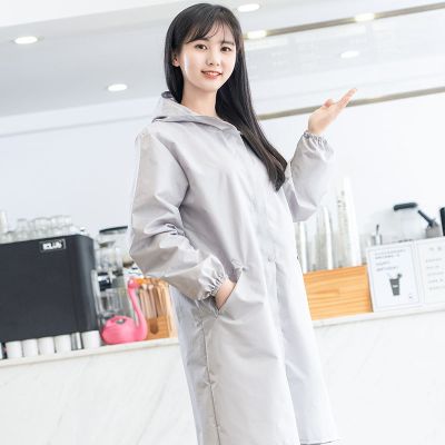 韩版时尚拉链风衣式成人围裙男女长袖防水防油厨房罩衣带帽工作服