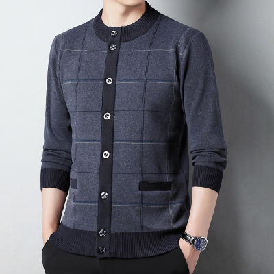 秋冬新款男士针织开衫毛衣 加厚保暖单排扣针织中山装外套爸爸装