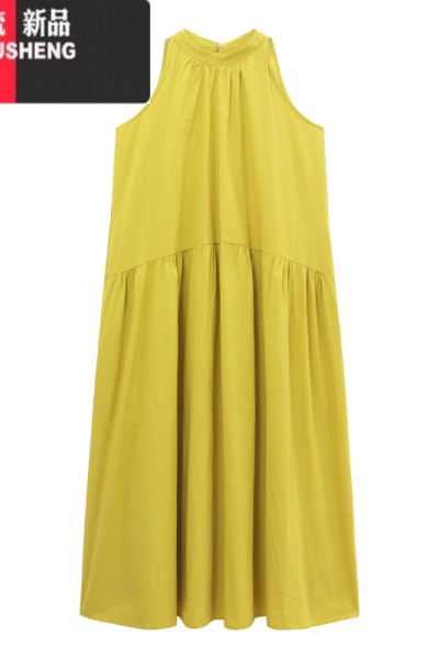 YIBUSHENG法式黄色挂脖露肩连衣裙女季2024新款气质口袋宽松度假风长裙子