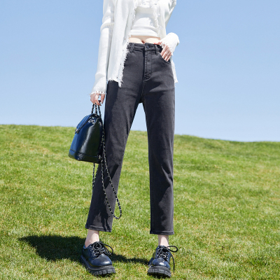 [2件8.8折]唐狮春夏季新款女牛仔裤弹力高腰烟管裤直筒百搭潮流黑色裤子