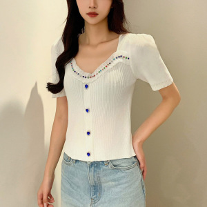 法式小香风方领彩钻钉珠针织衫女夏季新款修身显瘦设计感短袖上衣