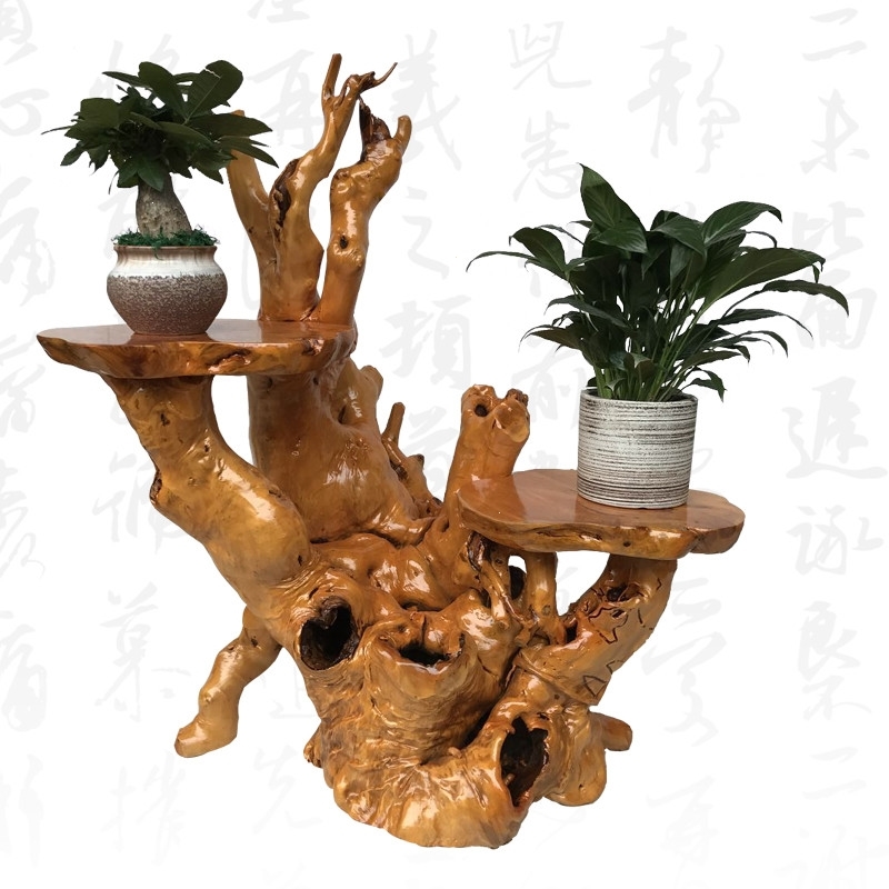 天然根雕花架 花盆底座多层盆景原木树根装饰架子客厅鱼缸摆件 姜黄色