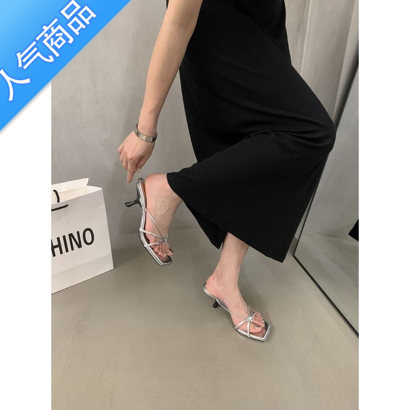 SUNTEK仙女绝美细带凉鞋女夏外穿2023新款夹趾凉拖女鞋细跟黑色高跟拖鞋