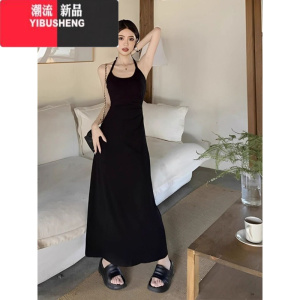 YIBUSHENG胖mm300斤黑色吊带连衣裙女特大码季微胖mm收腰A字遮肚裙子套装
