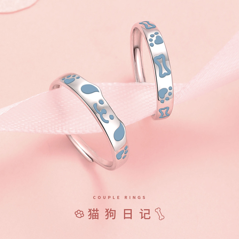 S999足银猫狗日记情侣戒指小众设计简约卡通素圈纯银对戒手饰批发送女朋友老婆情人节七夕生日礼物