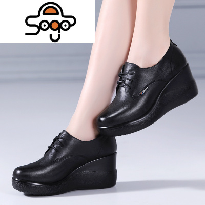 七色王国赤灵软皮坡跟休闲单鞋厚底摇摇底皮女鞋深口防滑圆头绒里棉鞋休闲鞋