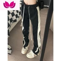 七斓美式高街直筒修身黑色裤子潮牌男垂感裤脚拉链休闲裤百搭运动裤潮