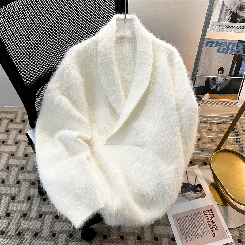 男装潮流时尚水貂毛V领慵懒风毛衣男女同款宽松美式潮牌情侣外套