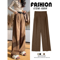 美拉德咖色灯芯绒阔腿裤子新款秋冬季垂感窄版直筒加绒西装裤_943