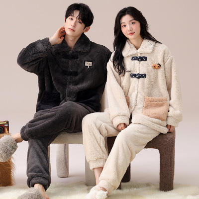 情侣睡衣女款春秋冬季珊瑚绒加厚加绒保暖一男士一女士家居服套装