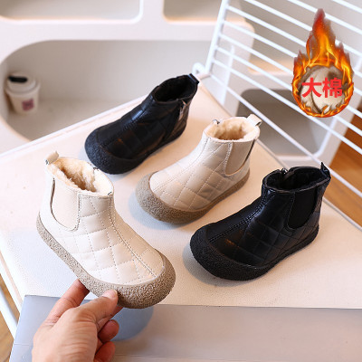 女童雪地靴年冬季大棉鞋男童短靴时尚皮面软面加绒加厚潮童鞋