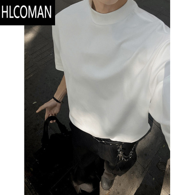 HLCOMAN白色半高领短袖男款夏季高级感痞帅王嘉尔同款正肩t恤内搭打底衫