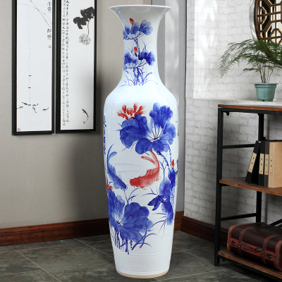 景德镇陶瓷落地大花瓶手绘青花连年有余荷花别墅酒店开业装饰摆件三维工匠手绘花开富贵大花瓶粉彩1.4米
