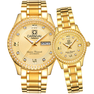 嘉年华CARNIVAL全自动机械表 男精钢情侣手表休闲时尚夜光满天星镶钻表盘男女表一对表 两块手表情侣款8629G